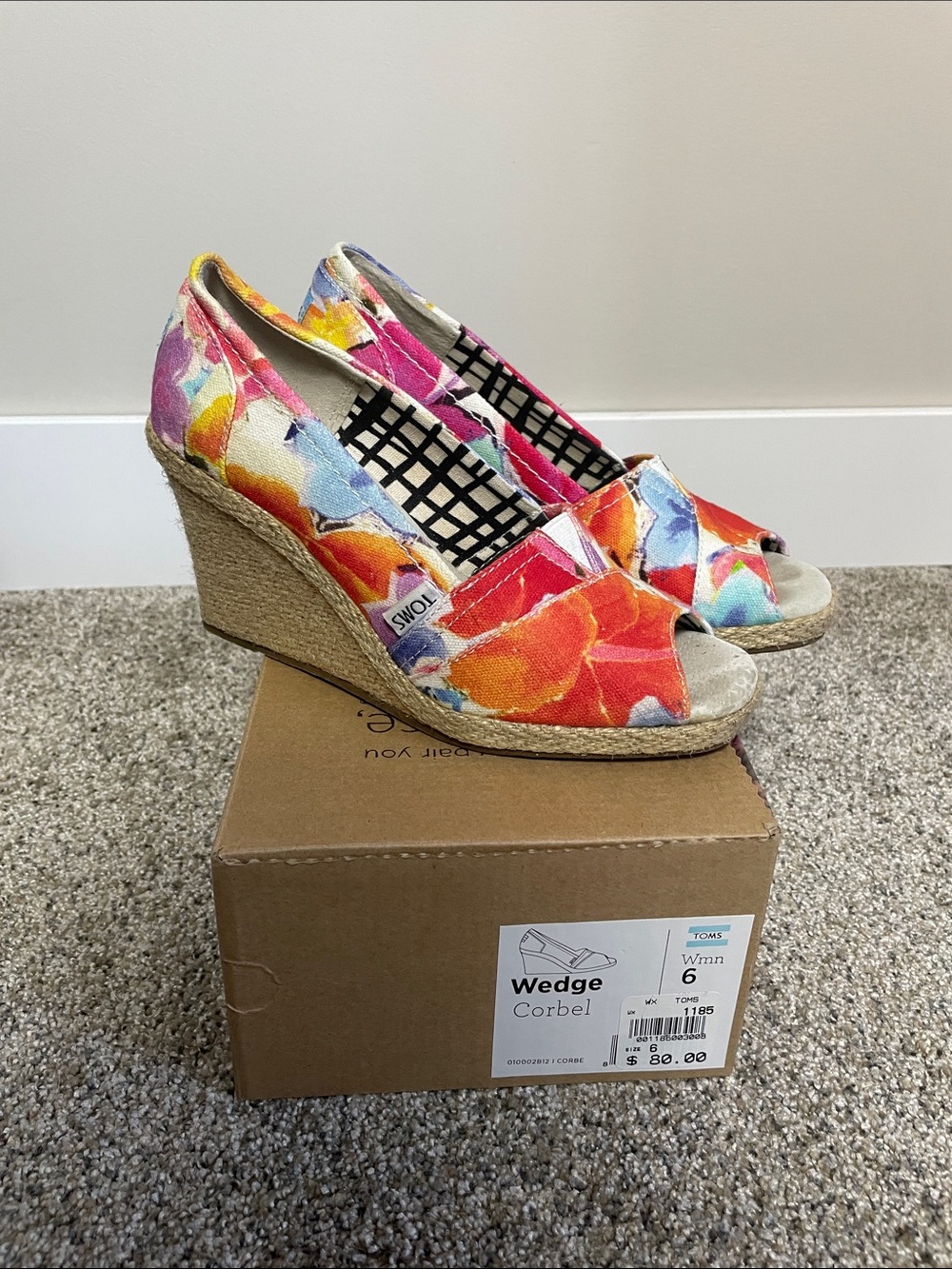 TOMS Women's Floral Peep-Toe Espadrille Wedge - Pink, Orange, Blue